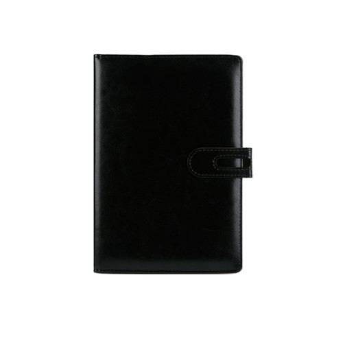 A black PU notebook with a front clasp closure, featuring a smooth leather-like finish and a branded logo.