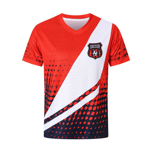 A vibrant red and black unisex football jersey featuring a graphic design and a logo on the chest.