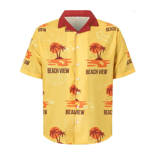 A yellow button-up shirt with a Cuban collar, featuring palm trees and “Beach View” printed on it. It has a red collar.