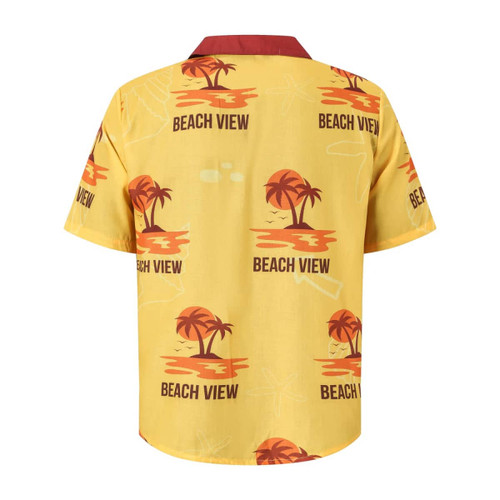 A yellow Cuban collar shirt with a palm tree and sunset print, featuring a maroon collar and logo.