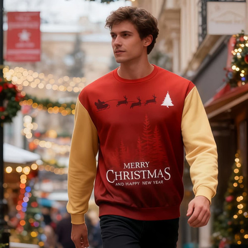 A red and yellow unisex sweatshirt featuring Christmas motifs, including reindeer and a tree, in a festive setting.