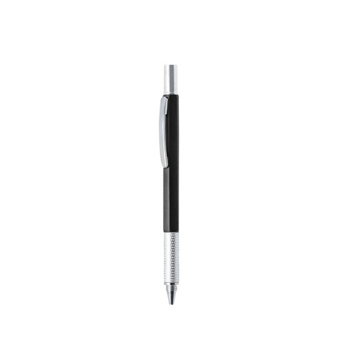 A metal pen with a black and silver design, featuring a textured grip and clip, with a branding logo.