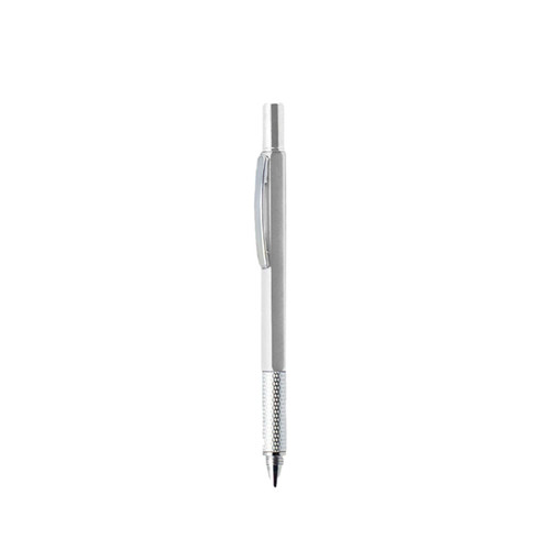 A metallic silver multi-function pen with a textured grip and a clip, featuring a logo.