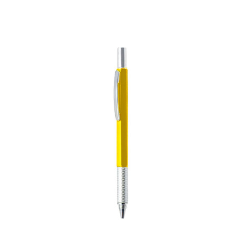 A yellow and silver multi-function pen featuring a sleek metal design and a logo on the barrel.