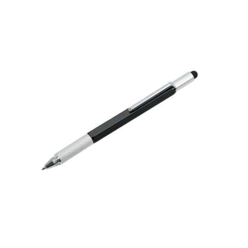 A black and silver multi-function pen with a knurled grip and a clip. It features a stylus tip at one end.