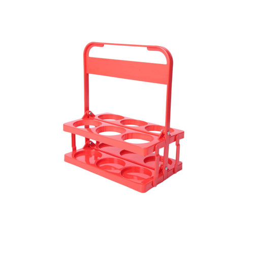 A foldable beer basket in bright red, featuring two levels with cup holders and a sturdy handle.
