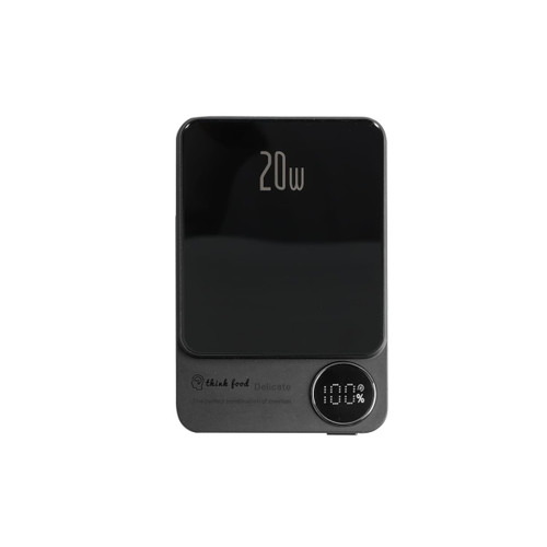 A black 10000mAh magnetic wireless power bank with a digital percentage display and a logo.