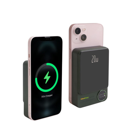 A magnetic wireless power bank in black, next to a smartphone displaying a charging indicator. Features a digital power level display.