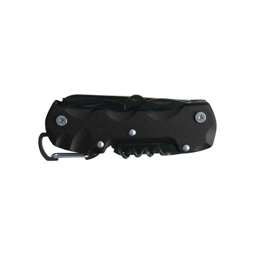 A multifunction pocket knife in black, featuring various tools and a carabiner clip for easy attachment.