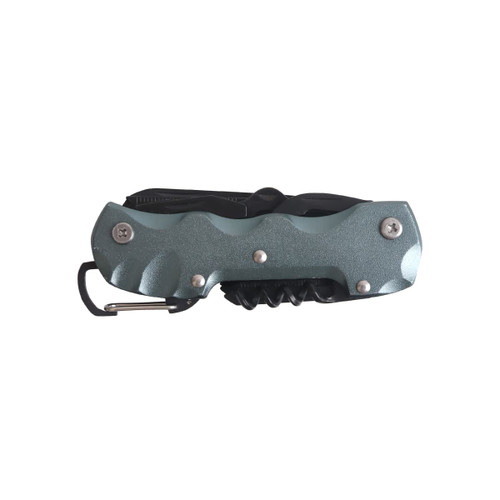 A multifunction pocket knife in grey, featuring various tools and a keyring attachment. Contains a logo.
