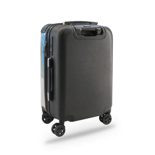 A custom insert suitcase in black with a sleek design and four wheels for easy mobility. Features a logo.
