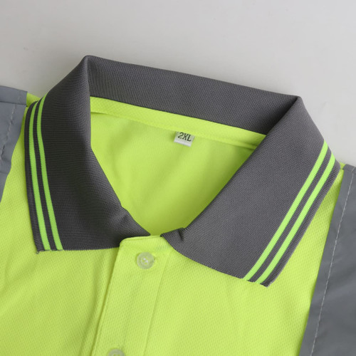 A bright yellow and grey unisex polyester hi-vis reflective short-sleeve polo with a collar and a logo.