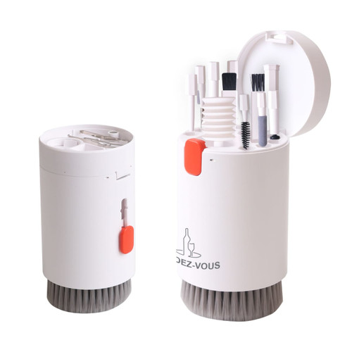 A white 20 in 1 cleaning kit featuring various brushes and tools stored in a compact case with a brush base.