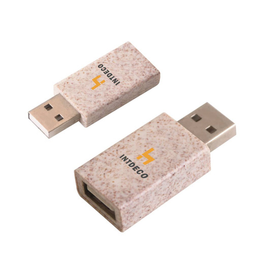 A Wheat Straw USB Data Blocker in beige, featuring a logo, showing both sides of the device.
