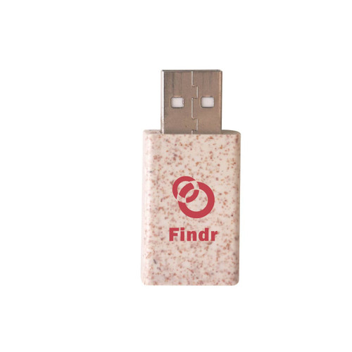 A wheat straw USB data blocker in a light beige colour with a logo.