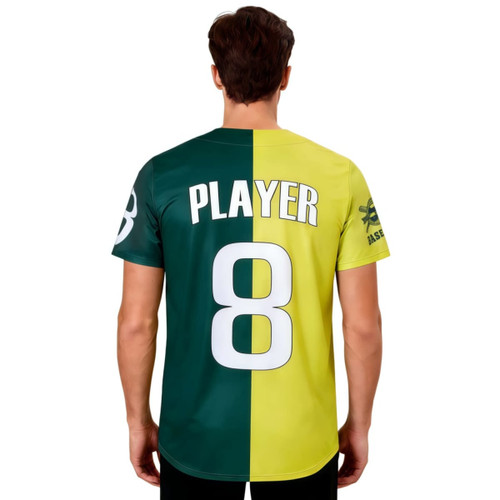 A full-button baseball jersey featuring a split design in green and yellow, with a logo and the number 8.