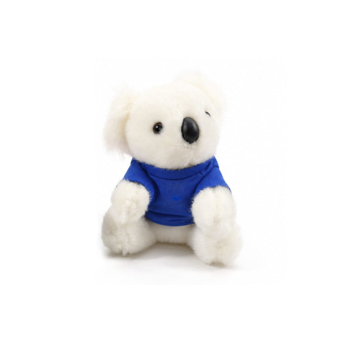 A white koala plush toy wearing a blue shirt, featuring a cute face and soft, fuzzy texture. It has a logo on the shirt.