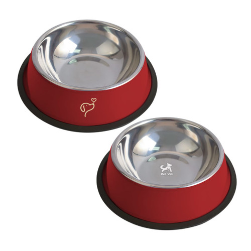 A red pet feeding bowl set with stainless steel interiors, featuring a non-slip base and logos on the side.