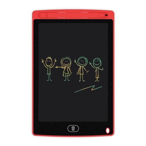 A red LCD writing drawing tablet featuring colourful stick figure drawings on a black background.