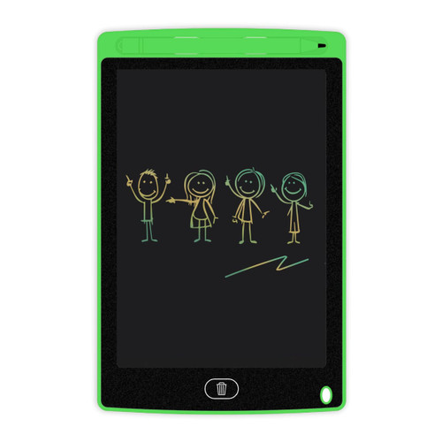 An LCD writing drawing tablet with a black screen and a bright green frame, featuring colourful doodles.