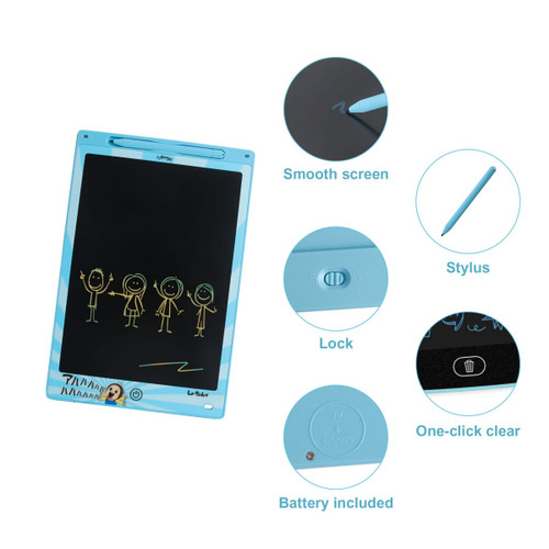 A blue LCD writing drawing tablet featuring a smooth screen and included stylus, highlights a lock and one-click clear function.