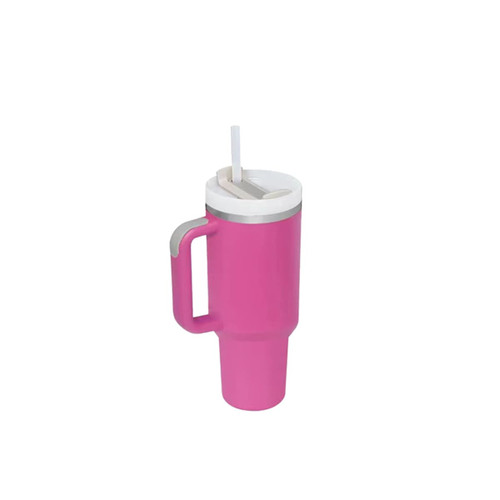 A drink bottle in bright pink with a white lid and a straw, featuring a handle for easy carrying.