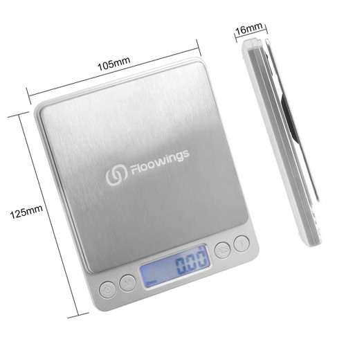 A stainless steel rechargeable kitchen scale with a digital display, measuring 125mm by 105mm. Features a logo.
