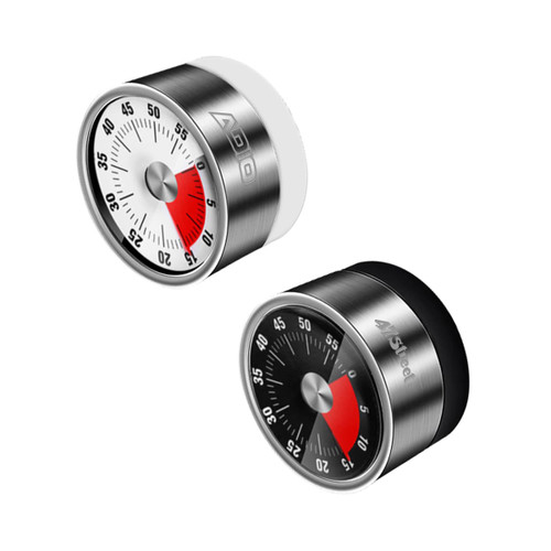 A mini magnetic visual timer in silver and black, featuring a circular dial with red accents and a simple design.