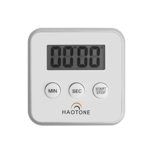 A digital kitchen timer in white and grey with a large display and three buttons for minute, second, and start/stop functions.