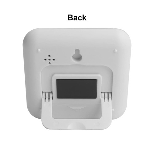 A white digital kitchen timer with a stand, featuring a small display and sound holes on the back.