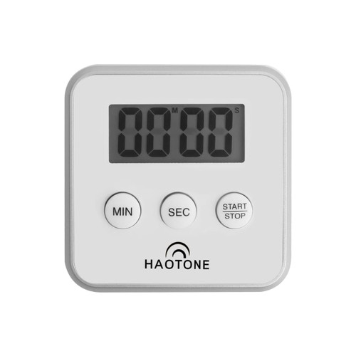 A white digital kitchen timer with a large display, featuring buttons for minutes, seconds, and start/stop.