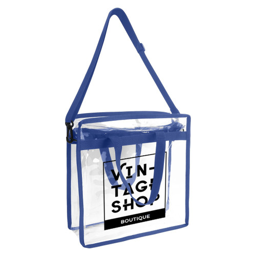A clear tote bag with a blue shoulder strap and handles, featuring a logo on the front.