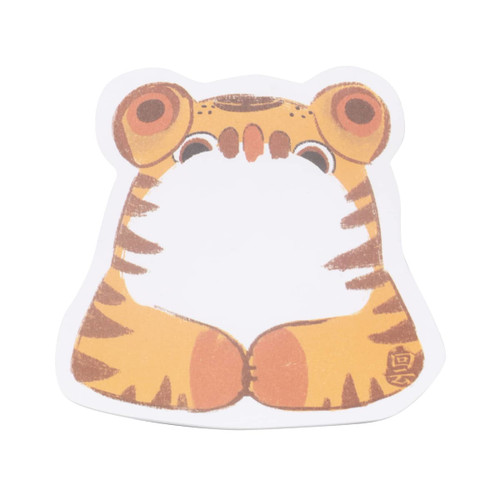 A custom-shaped sticky note memo pad in the design of a tiger, featuring orange and cream colours.