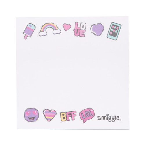 Custom-shaped sticky note memo pads featuring various colourful icons around the border, with a white centre for notes.
