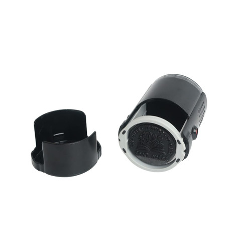A black custom self-inking stamp with a removable cap, featuring a circular stamp base.