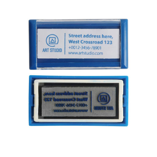 A blue self-inking rubber stamp with a logo, featuring space for an address and contact details.