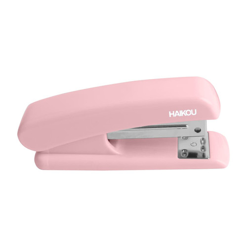 A pink stapler with a silver base, featuring a logo. It holds 1000 staples and is designed for office use.