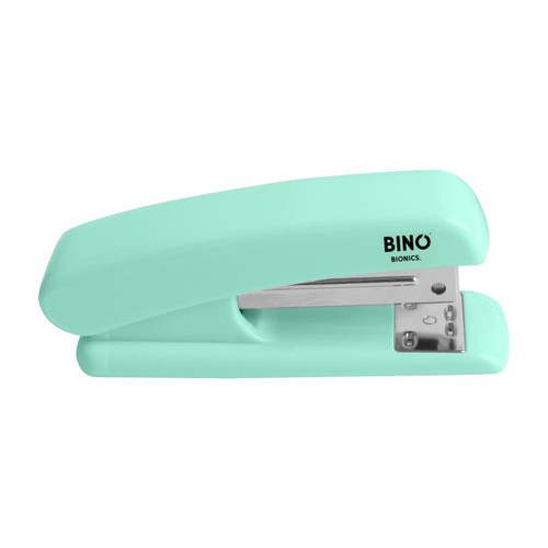 A mint green stapler with a silver clipping mechanism and a logo on the side.