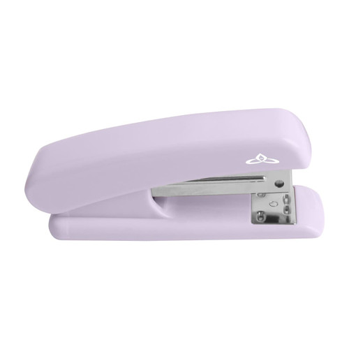 A purple stapler with a sleek design, featuring a shiny metal staple mechanism and a small logo.