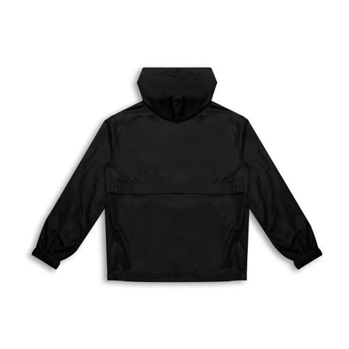 A black windbreaker jacket with a hood and long sleeves, featuring a rear pocket and a logo.