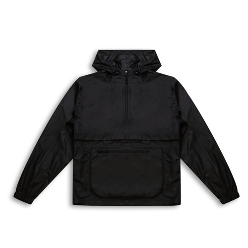 A black women's windbreaker jacket featuring a hood and a front pocket. It has a logo on the design.