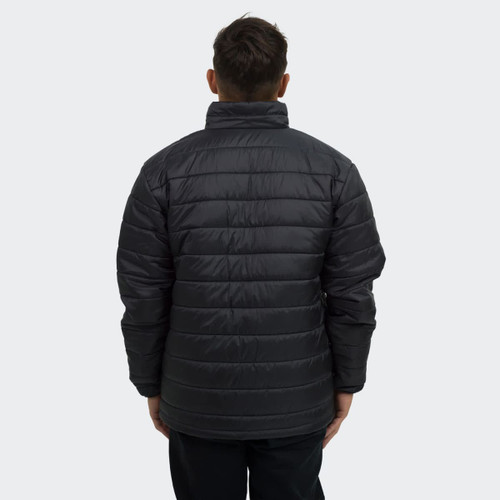 A black puffer jacket with a standing collar, viewed from the back. Features a logo on the sleeve.