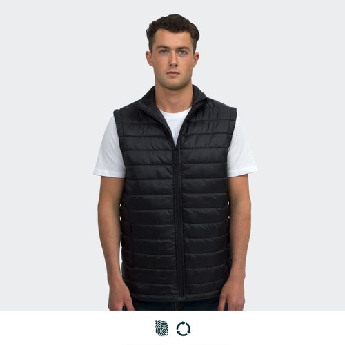 A black unisex puffer vest featuring a zip-up front and a hood, displayed on a model wearing a white T-shirt.