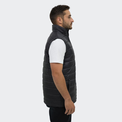 A men's puffer vest in black, featuring a zip closure and a sleek, modern silhouette. It has a logo on the side.