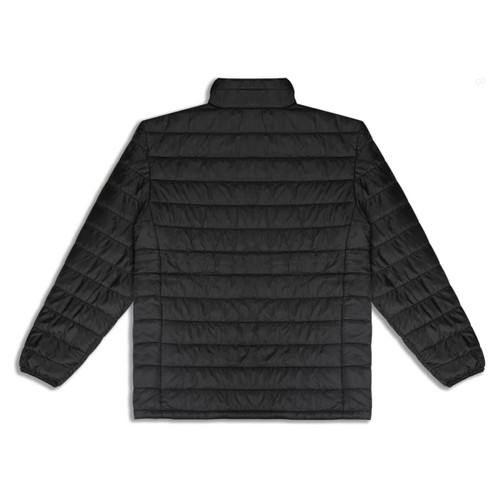 A black puffer jacket with a quilted design and a high collar, featuring a logo on the back.