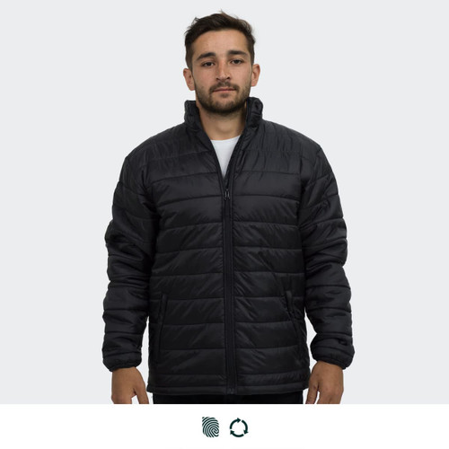 A black puffer jacket with a zip front and a high collar, featuring a subtle logo.