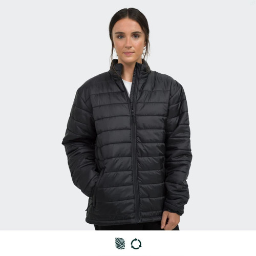 A woman wearing a black puffer jacket with a zippered front and a high collar, featuring a logo.