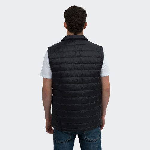 A unisex black puffer vest, featuring a quilted design and a collar, viewed from the back.