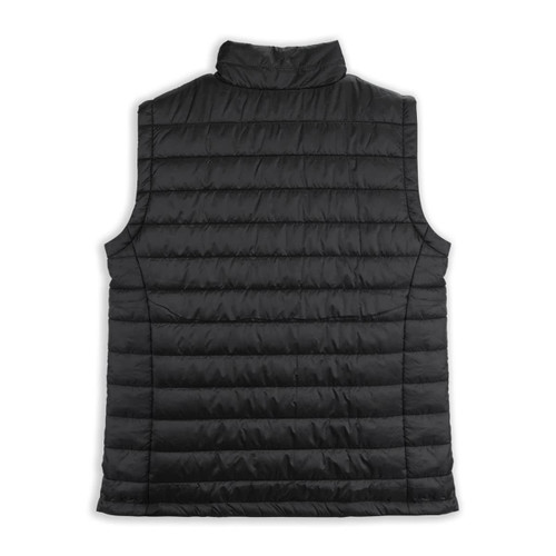 A black puffer vest featuring a high collar and quilted design, with no sleeves and a brand logo.