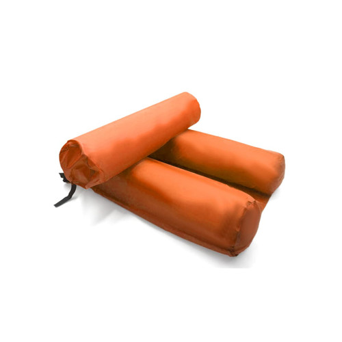 An inflatable floating chair in vibrant orange, featuring two sections for reclining and a black strap for securing.
